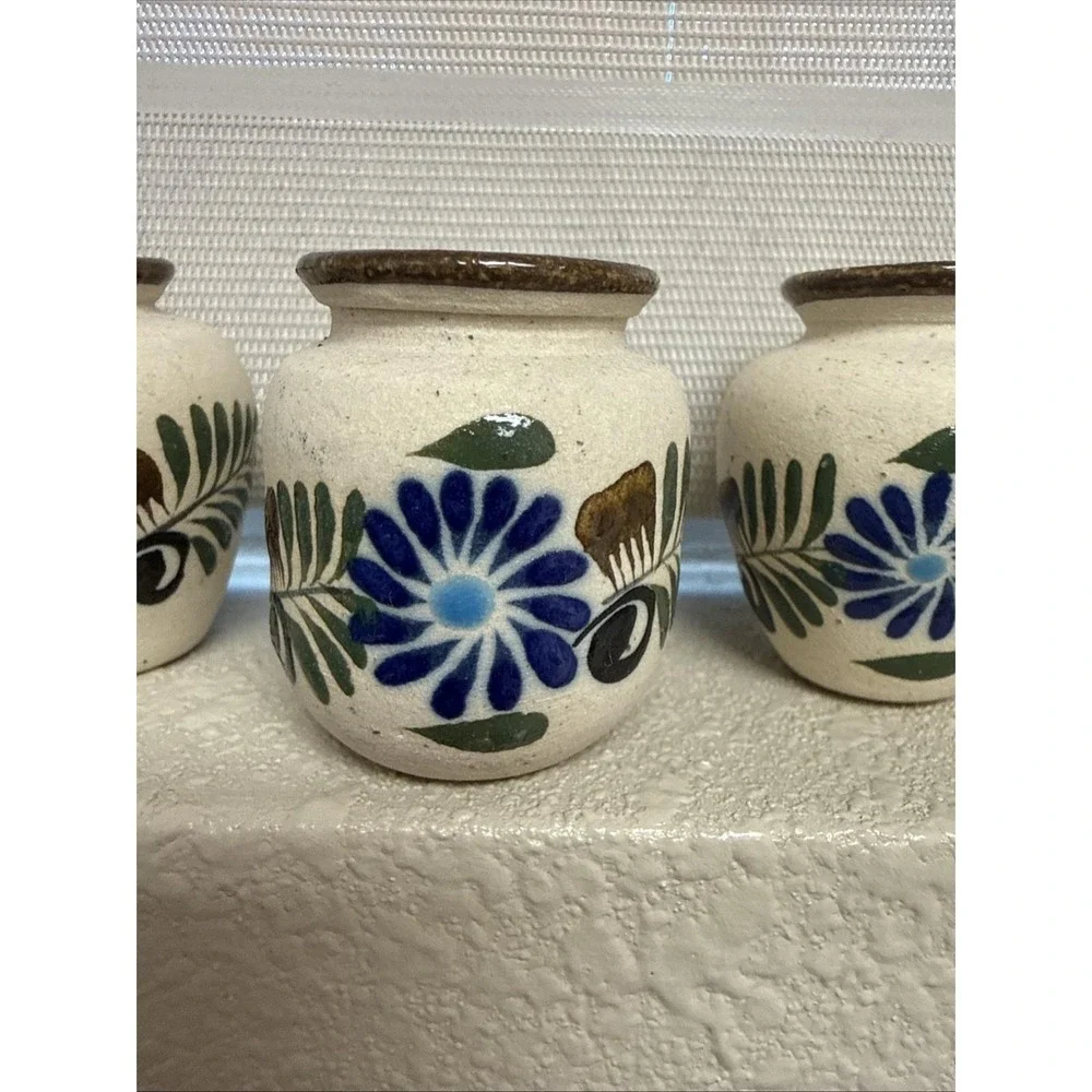 Set of 3 Vintage Tonala Mini Pottery Bud Vases Hand Painted Flowers-Mexico‎